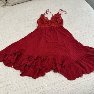 Women's Red Lace Bodice Ruffled Mini Dress